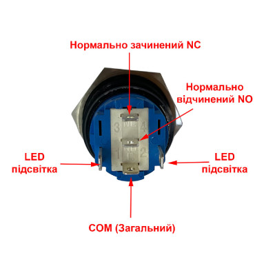 Кнопка антивандальна 16мм 12-24V, без фіксації, символ (червоний), IP65