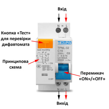 Автомат диференціальний 230V 16A (TPNL-32-С16, TOMZN) 2P