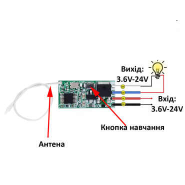 Перемикач дистанційного керування одноканальний 433 МГц DC 3,6-24V 2А
