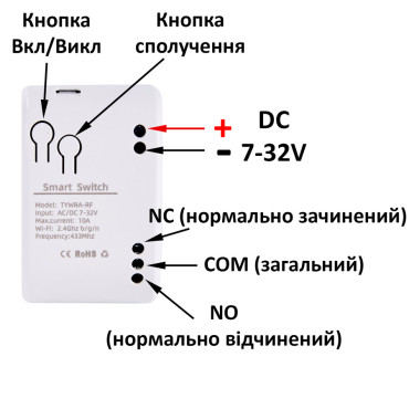 Дистанційний перемикач Wi-Fi+433 МГц 7-32V DC, керування 0-250V 10А