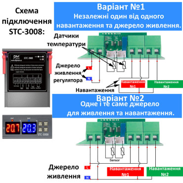 STC-3008 двухканальный терморегулятор, 12V, два дисплея, два датчика