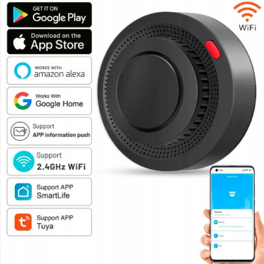 Датчик дыма Tuya, Wi-Fi (черный) с сиреной 85 дБ