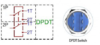Вид на клеммы кнопки типа DPDT